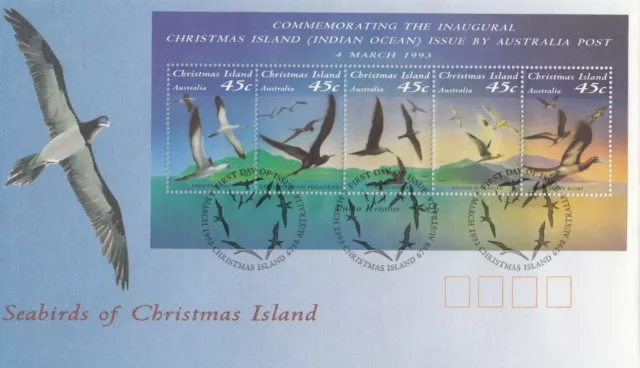 1993 FDC Christmas Island. Seabirds MS. "Birds" postmark.