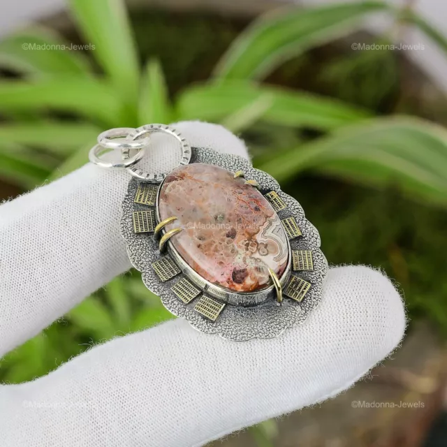 Natural Crazy Lace Agate Gemstone Pendant 925 Sterling Silver Indian Jewelry