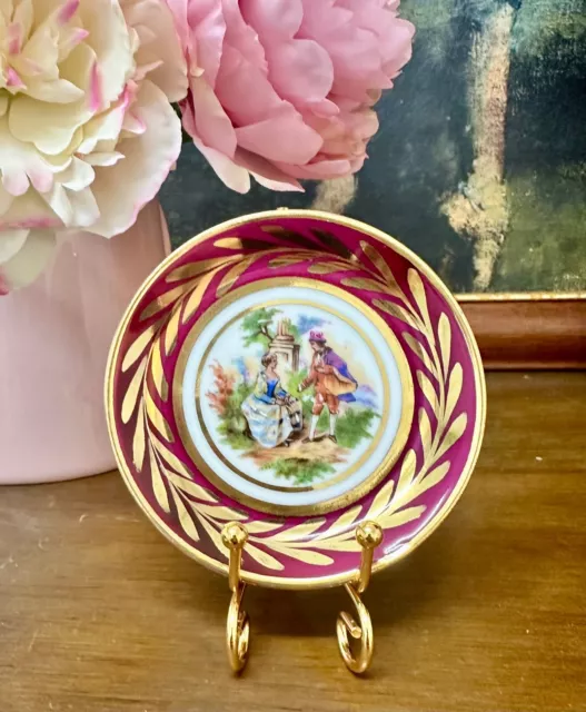 Vintage Limoges France Courting Couple Small Round Dish Deep Pink & Gold Border