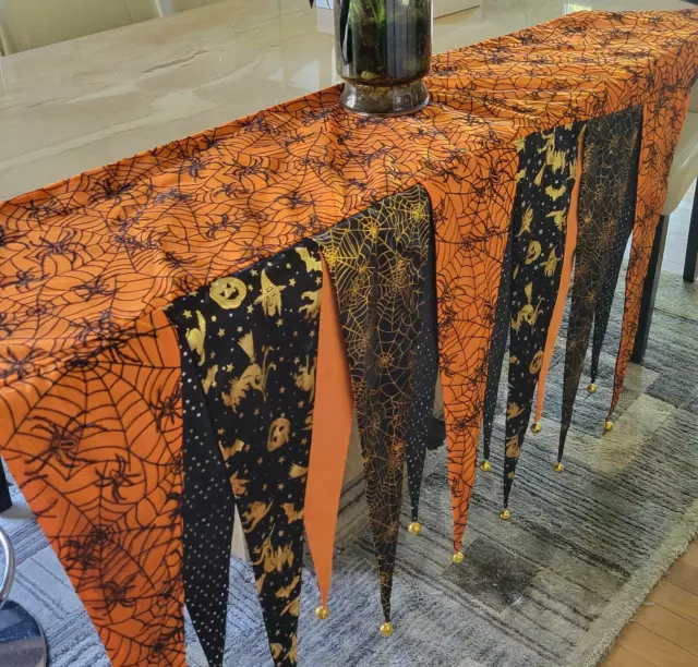 Halloween Table Runner Fabric Printed with Pumpkins Witches Spider Webs Bells