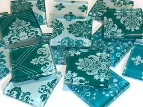 Teal Damask Patterned Glass Tiles 2.5cm - Mosaic Tiles Supplies Art Craft