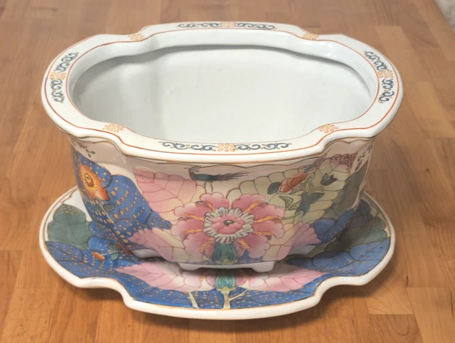 LARGE PORCELAIN CHINESE Foot Bath Planter Tobacco Leaf Floral With Base $429.99