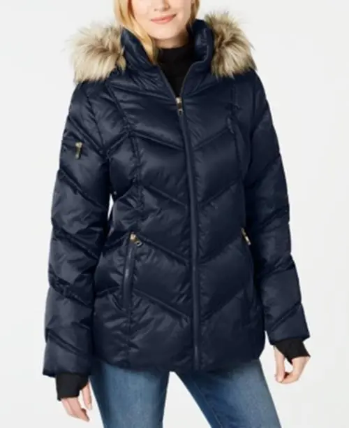 Nautica Faux Fur Trim Hooded Puffer Coat Women's XS Winter Jacket Navy Seas
