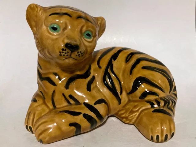 Ceramic Striped Tiger with Green Eyes 4" x 5.5" x 4" Dimensions Bengal Mascot