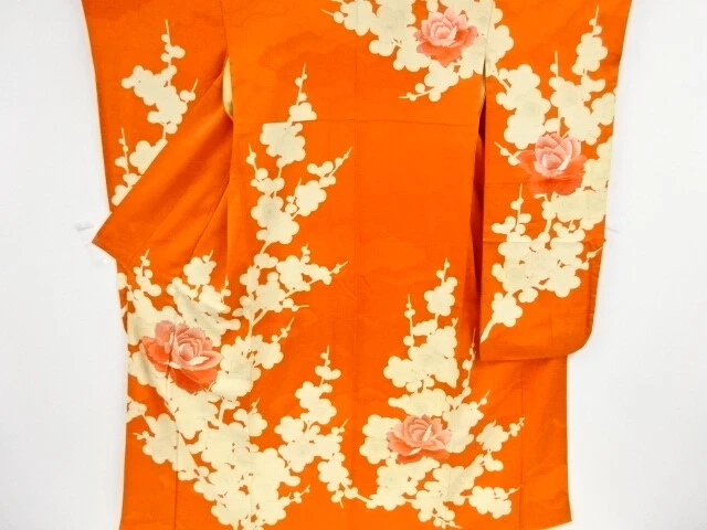 46860# Japanese Kimono / Antique Furisode / Embroidery / Peony & Ume Blossom