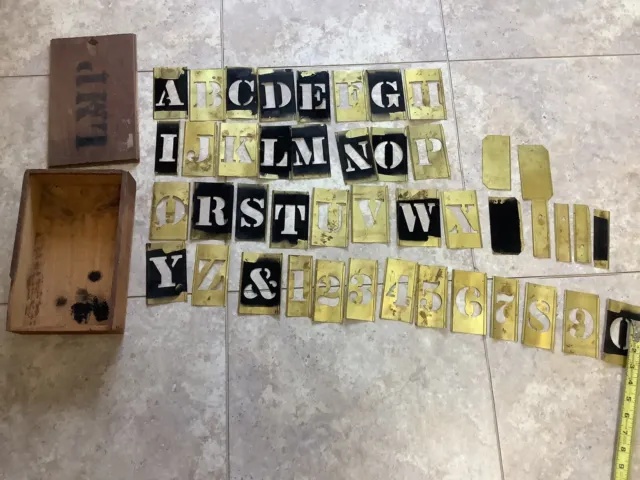 Vintage 44 Piece Set of Interlocking Brass Letter And Number Stencils