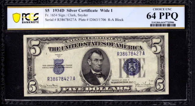 1934 D $5 Silver Certificate Note Fr.1654 Ra Block Pcgs B Choice Unc Cu 64 Ppq