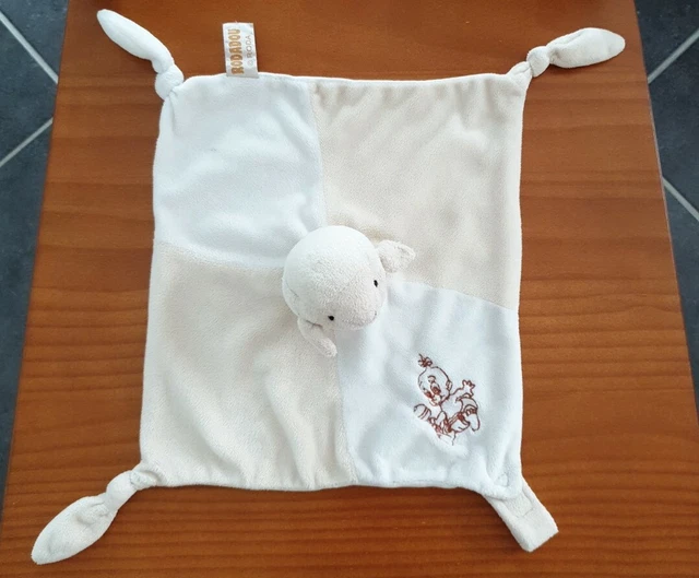 Doudou carré plat Mouton Agneau écru beige blanc Rodadou RODA Attache tétine