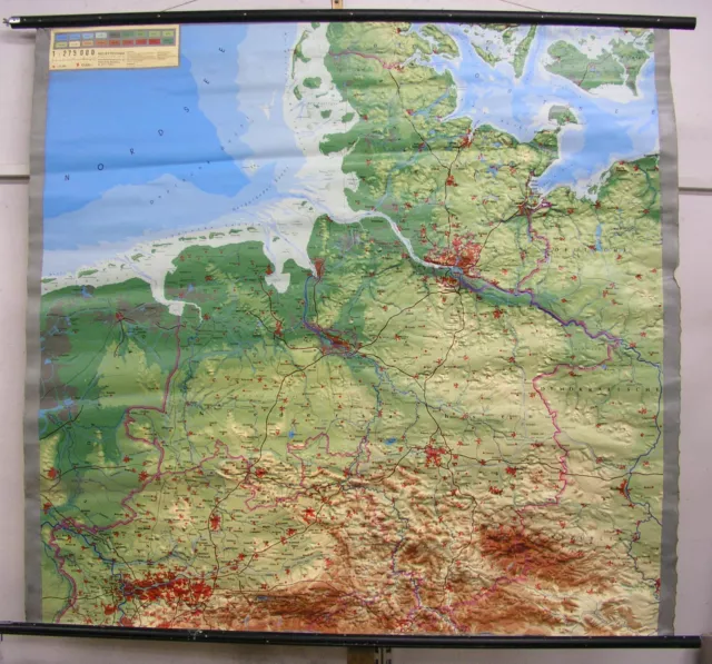 3-dimensionale Schulwandkarte Nordwestdeutschland 163x153cm ~1960 Vintage 3D Map