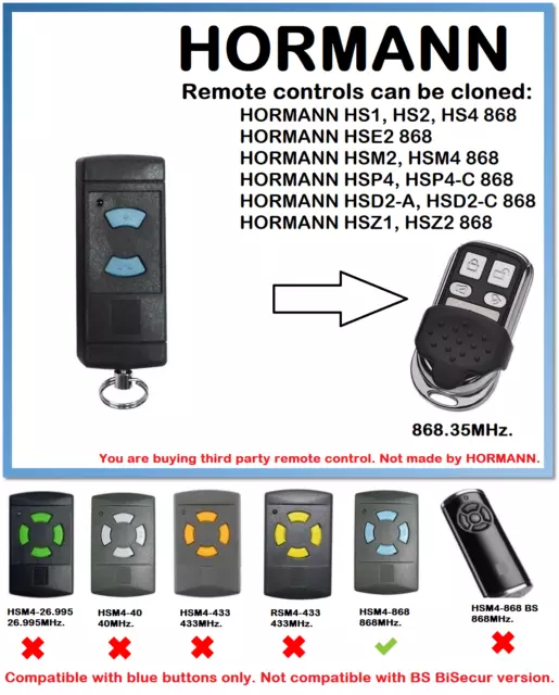 For HORMANN/GARADOR HSE2 868 Remote Control Duplicator 868.35MHz.