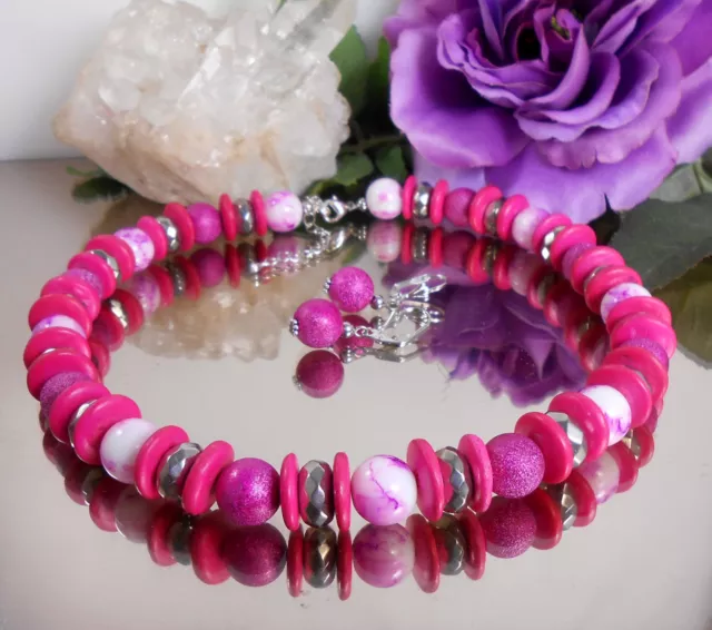 2er Set Collier + Ohrringe in PINK Glasperlen Holzperlen Acrylperlen