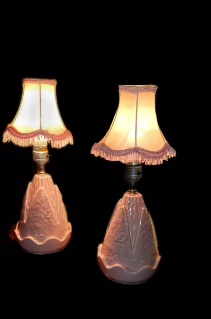 Pair Of Atomic Mid Century Hand Crafted Pink Glazed Ceramic Lamps With Shades