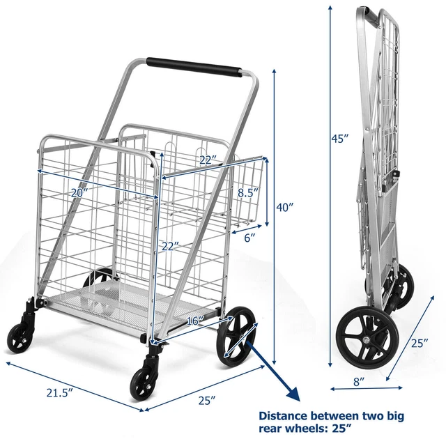 330lbs Heavy Duty Folding Shopping Cart Utility Jumbo Double Basket Silver