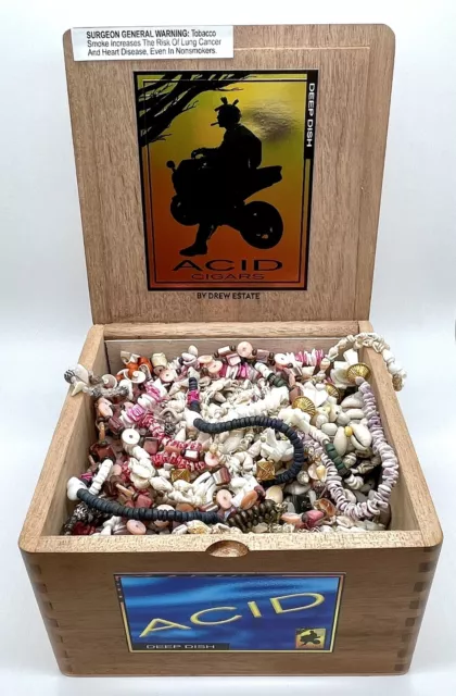 OVER 3 LBS SHELL JEWELRY LOT ALL WEARABLE in ACID Wooden Cigar Box Shown