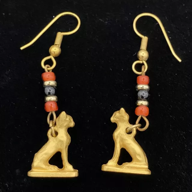 Egyptian Gold Plated Bastet Cat Dangle Earrings - Museum Store Collection VTG
