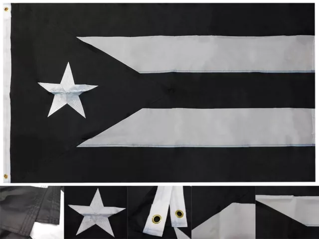 Puerto Rico Black White PROTEST Quality Nylon Embroidered 3x5 Flag Banner 210D