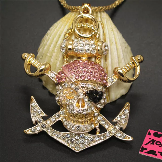 Hot Betsey Johnson Pink Pirate Rudder Skull Crystal Pendant Chain Necklace Gifts