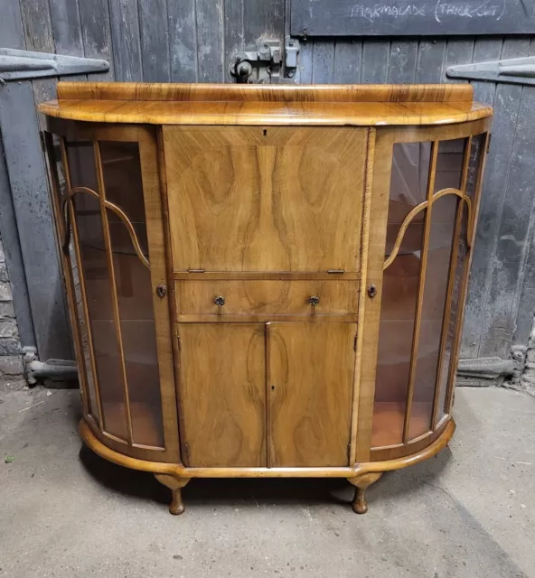 Antique Art Deco Burr Walnut Drinks Cabinet Cocktail Cabinet Display Cabinet