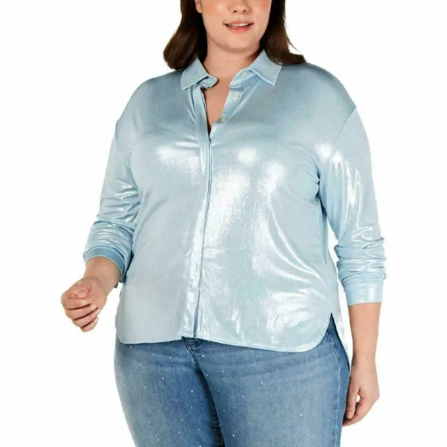 NEW INC Women's Plus Long Sleeve Metallic Hi-Low Button-Down Top Blue Size 1X
