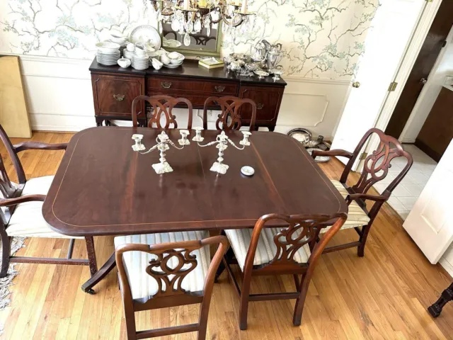 Antique Double Pedestal Dining Table w/ Casters Wheels & 6 Chairs Captains Chair