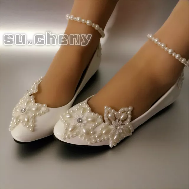 su.cheny White lace pearl anklet flats low high heels wedge Wedding Bridal shoes