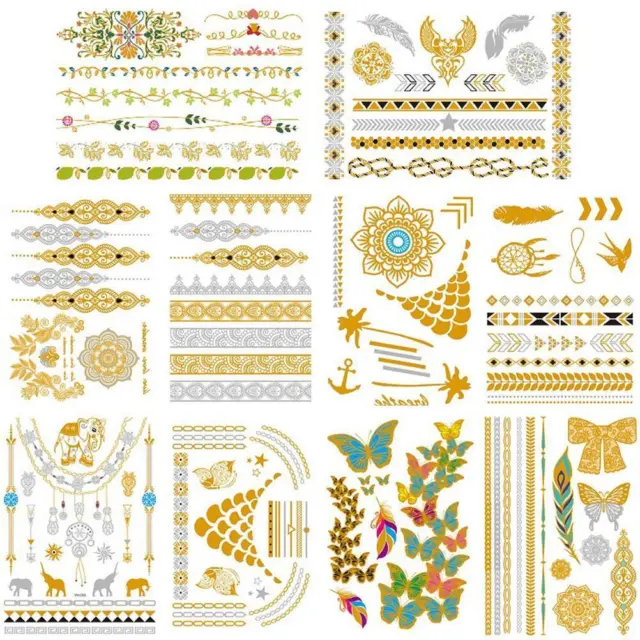 10 Sheets Metallic Temporary Tattoos Waterproof Golden Tattoo Stickers For S WYD