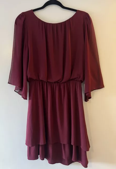 Alice + Olivia Women’s Lyla 3/4 Sleeve Chiffon Mini Maroon Silk Dress Size Small