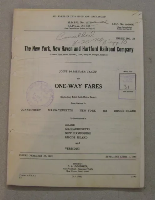 1965  New York, New Haven, & Hartford Railroad Company Joint Passenger Tariff