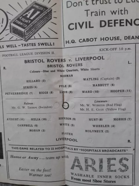 Bristol Rovers v Liverpool 1959/1960 -10.9.59  Football Programme