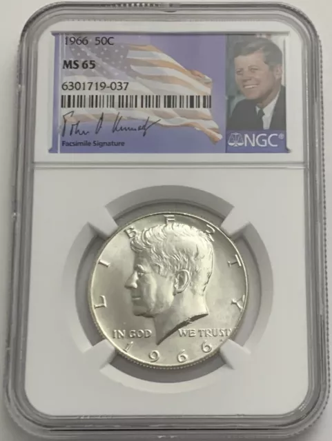 1966 NGC MS65 SILVER KENNEDY HALF DOLLAR JFK COIN 50c BUSINESS STRIKE FLAG LABEL