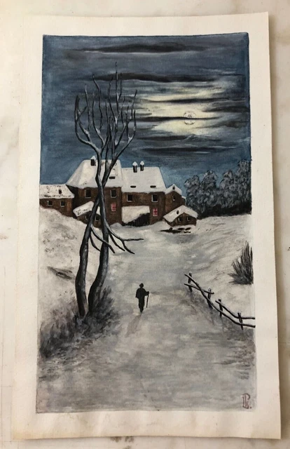 Snowy Landscape Watercolor with Houses 27.8x16.8 cm Monogrammed