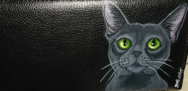 Korat Cat Checkbook Cover Custom Painted Leather