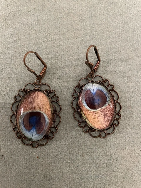 Vintage Brass Victorian Filigree Oval Green Peacock Lever Back Dangle Earrings