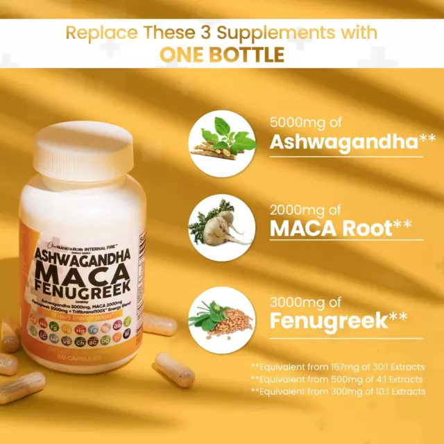 Ashwagandha 5000mg raíz de maca 2000mg fenogreco 3000mg cápsulas suplemento EE. UU. 60 unidades 2