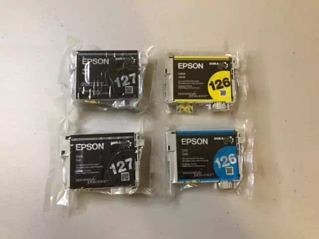 Genuine Epson 127 Black (x2), 126 Cyan, 126 Yellow Ink Cartridge Lot of 4 OEM