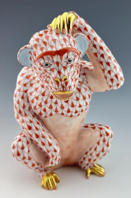 🦋 BRAND NEW HEREND LARGE Chimp Monkey Rust Fishnet Ape Figurine ($1,130 Retail)