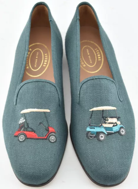 New | Stubbs & Wootton 12 Mens Golf Cart Racing Green Woven Linen Slippers Shoes
