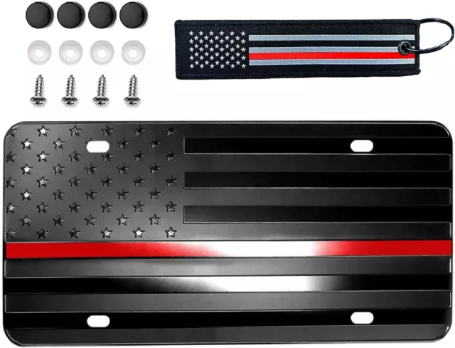 Thin Red Line Black American Flag License Plate Firefighter Aluminum Embossed