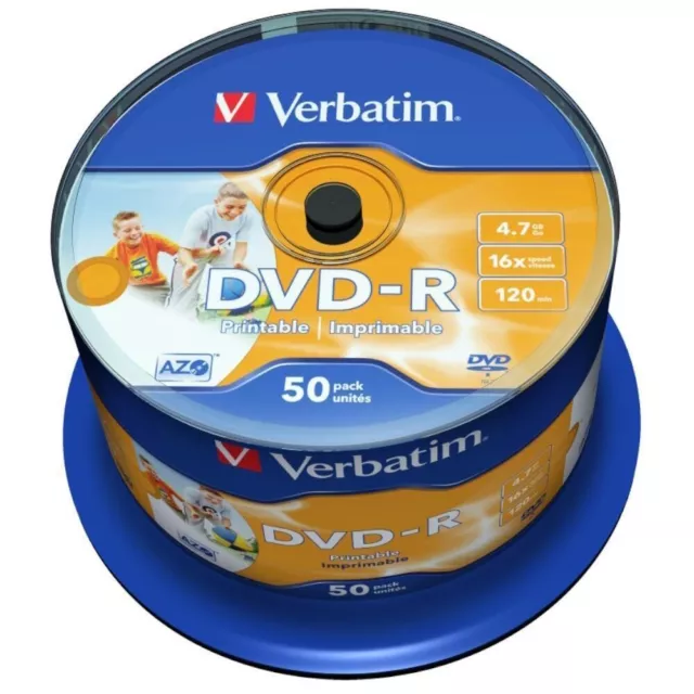 Verbatim DVD-R Blank recordable Discs 120 Mins 4.7GB 16x Printable Spindle 50pk