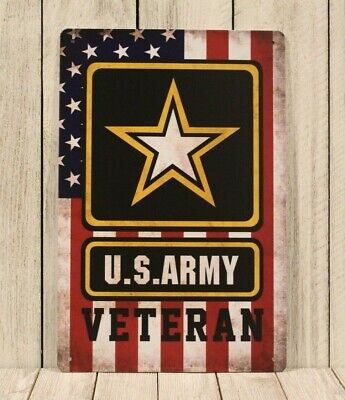US Army Veteran Tin Metal Sign Poster American Flag Rustic Vintage Look Style