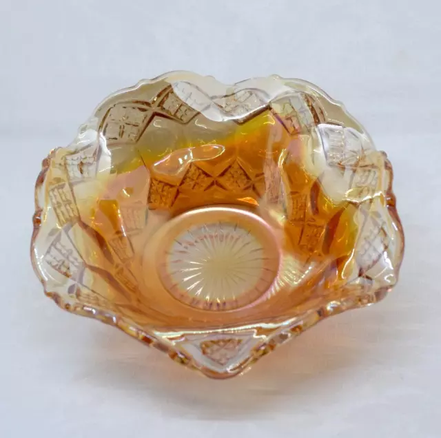 Beautiful Vintage Marigold Carnival Glass Bowl - 15cm x 5.5cm Ruffled Edge