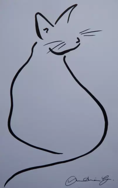 Original schwarzer Pinsel & Tinte minimalistisch halbabstrakte einzeilige Zeichnung einer Katze
