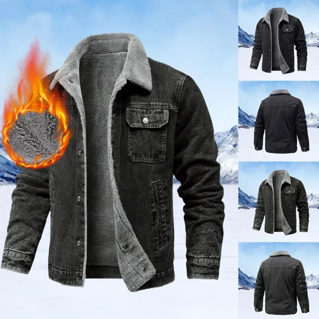Mens Long Sleeve Winter Thermal Turn Down Collar Solid Denim Coat Jacket Outwear