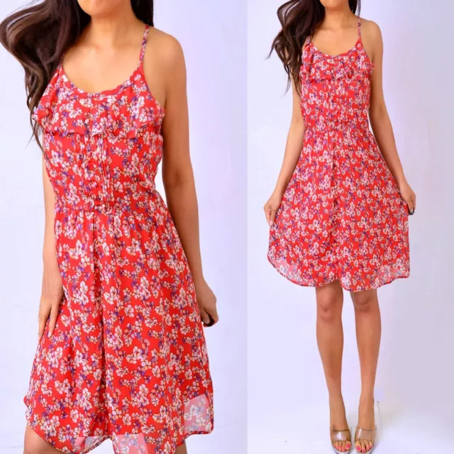 ELLE Red Purple Floral Ruffle Babydoll Short Mini Dress 2 XS Extra Small
