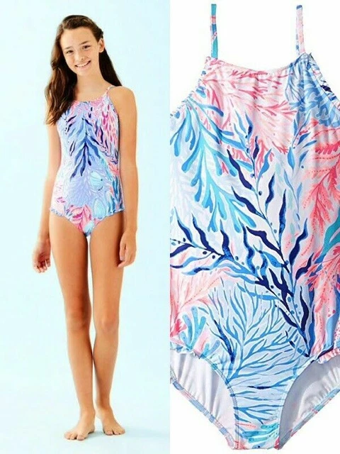 NEW Lilly Pulitzer GIRLS JULIET ONE PIECE SWIMSUIT Crew Blue Kaleidoscope Coral