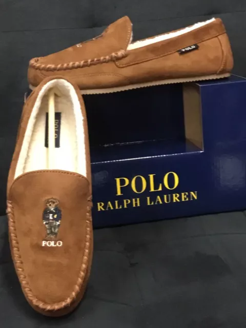 POLO RALPH LAUREN Tan Suede Teddy Bear Slippers Moccasins UK 6 EU