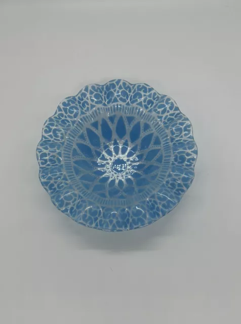 Sydenstricker Light Blue Small Embassy Fused Art Glass Bowl Dish Ruffled Crimped