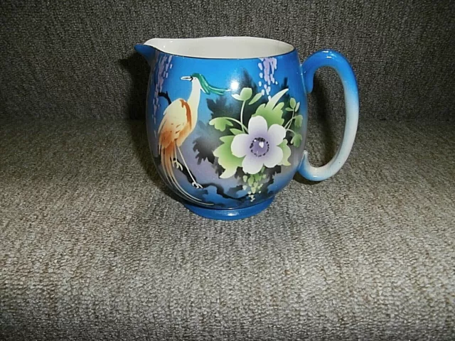 Vintage Lancaster  & Sons Blue Jug With Bird And Flowers 5" High