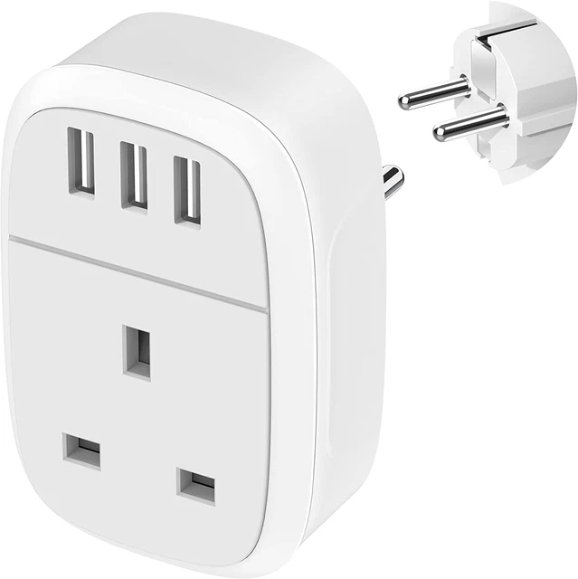 Enchufe adaptador del Reino Unido a Europa, adaptador de viaje Schuko de la UE con 3 puertos USB, euros para