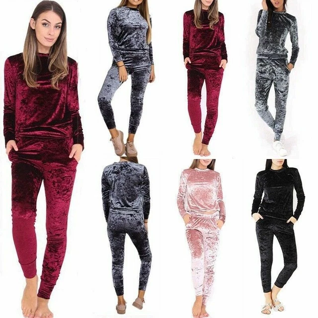 Womens Ladies Velvet Velour Crushed 2Pcs Jogging Top Loungewear Tracksuit Set